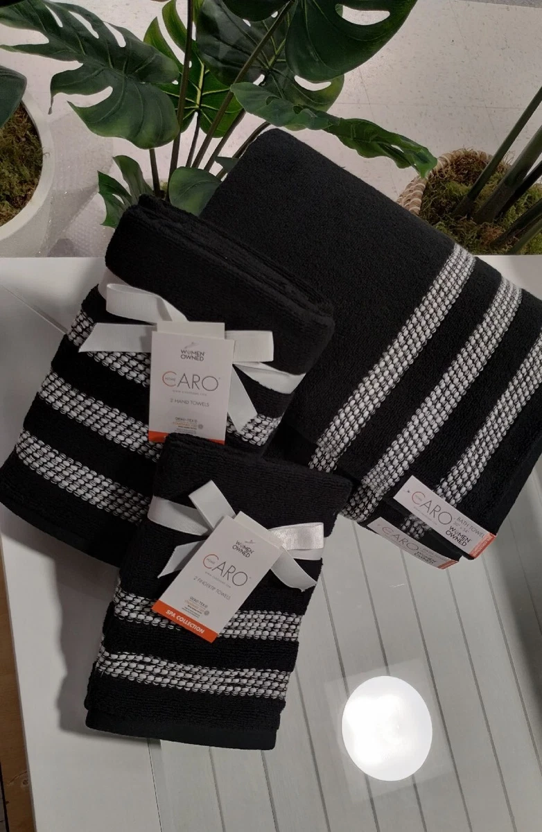 6 pc NEW Caro Home SPA ENSEMBLE Bath Hand Tip Towels black white absorbent soft