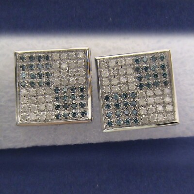 Deal! 10K Gold 0.73 Ct Natural White & Blue Diamond Square Mens Stud Earrings