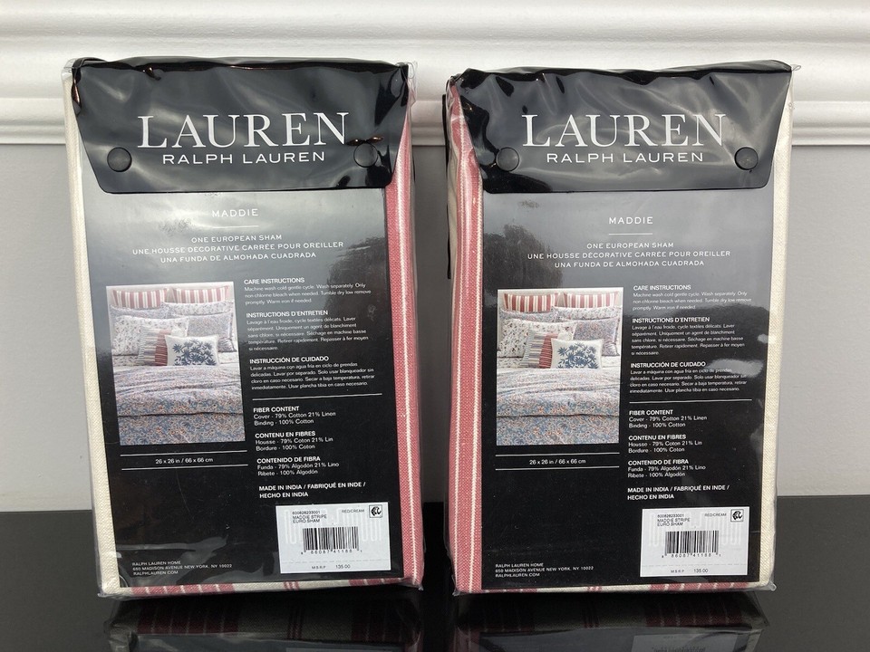 Ralph Lauren Maddie Stripe 2 Euro Pillow Shams Set Linen Cotton Light