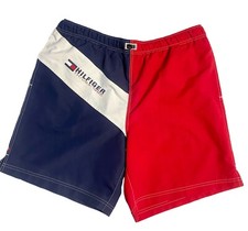 VTG Tommy Hilfiger Swim Trunks Sz XL Red White Blue Spell Out Elastic Waist C