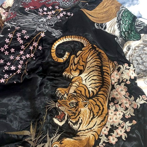 Mens Souvenir Jacket Japanese Pattern Sukajan REVERSIBLE Embroidery Dragon Tiger - Picture 5 of 12