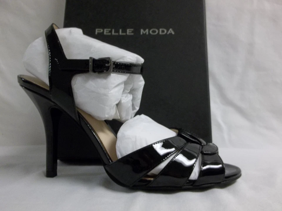 Pelle Moda Size 8 M Gypsy Black Patent Leather Open Toe Heels New Womens Shoes - Image 4 of 4