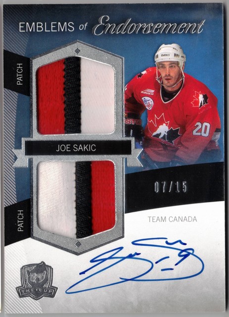 2012-13 UD The Cup Joe Sakic Emblems of Endorsement Canada Patch Auto 07/15