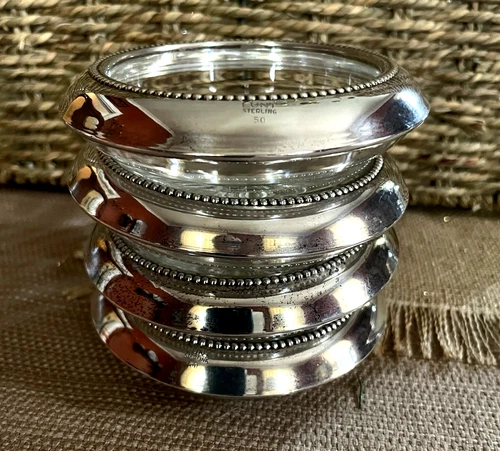 4 ELEGANT LUNT BEADED STERLING SILVER & PATTERNED GLASS 3 3/4" COASTERS