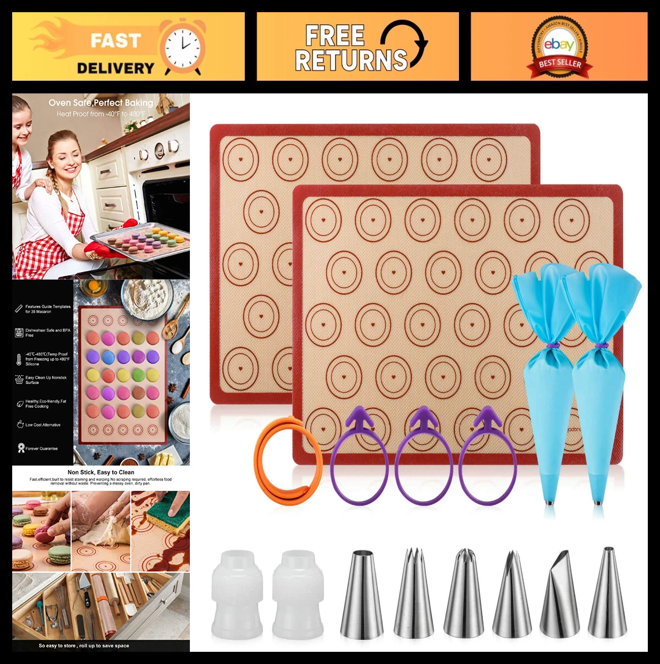 16-Piece Macaron Baking Mat Set - Nonstick Silicone Mats, Piping Tips & Bags
Opens in a new window o