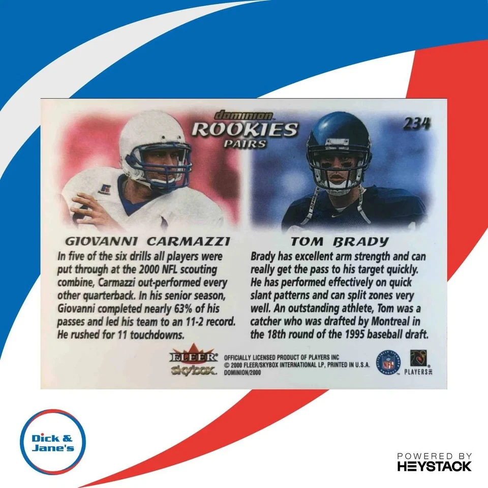2000 Skybox Dominion Джованни Кармацци Том Брэди #234 RC New York Jets - Изображение 2 из 4