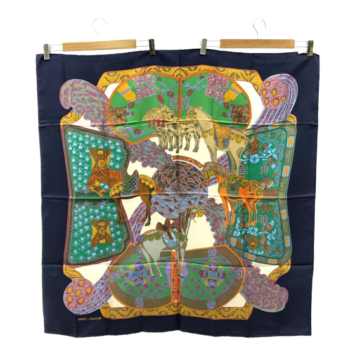 Hermes 90cm Silk Scarf Art Des Steppes Navy Horse Design
