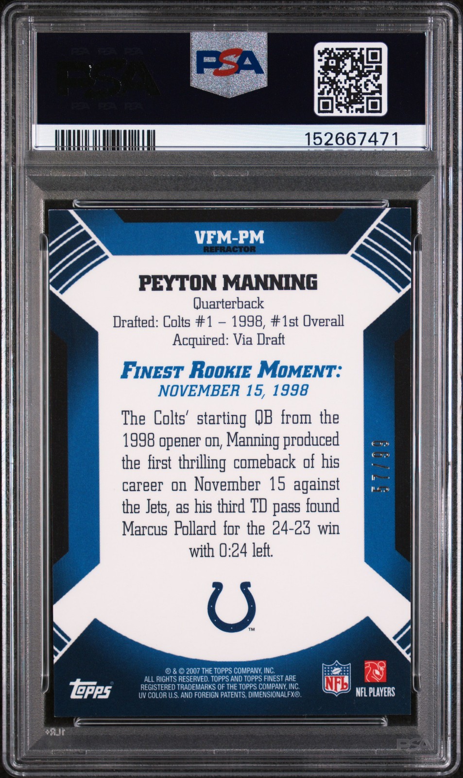 2007 FINEST MOMENTS BLACK REFRACTOR #VFMPM PEYTON MANNING 57/99 PSA 9 view 2