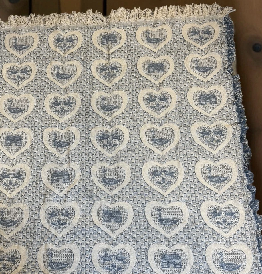 Vintage Algodón Jacquard Afghan Throw Azul Blanco Cottagecore Farmcore Grannycore Foto 2 de 3