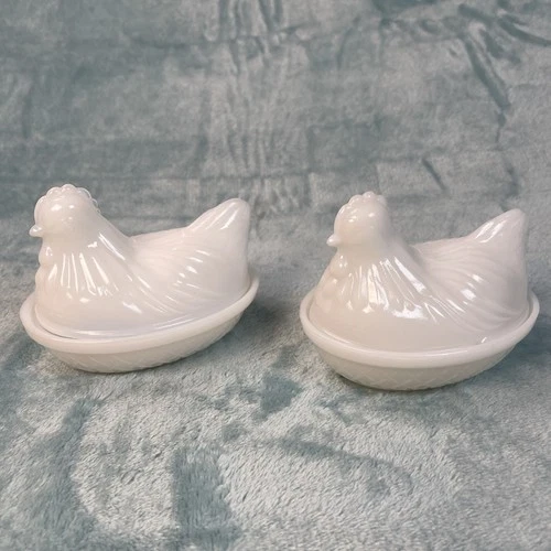 Vintage Milk Glass Hen on Nest Covered Dishes Set of 2 Trinket Butter Dish