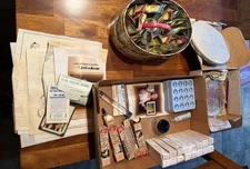 Huge Vintage Lot misc Tri-chem 52 Tubes Of Liquid Embroidery Paint Tin Case Etc