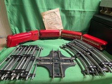 Vtg Red 1940s Marx Tin Wind Up Train Set Engine 3 Cars WORKS