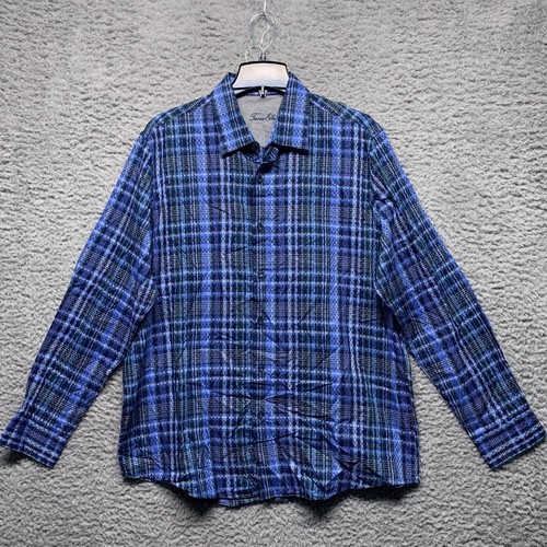 Camisa Tasso Elba Para Hombre XL 17.5 Azul Abotonada Manga Larga Geo Patrón Cuadros - Imagen 1 de 5