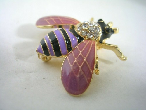 BEE PIN WITH PURPLE & BLACK ENAMEL WITH CUBIC ZIRCONIA IN GOLD TONED BRASS - Picture 5 of 10