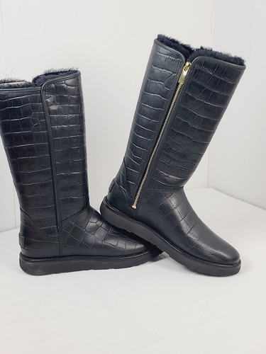 UGG Women's Black Abree II Classic Luxe Croc Leather Tall Winter Boots Size 6 - Picture 2 of 9