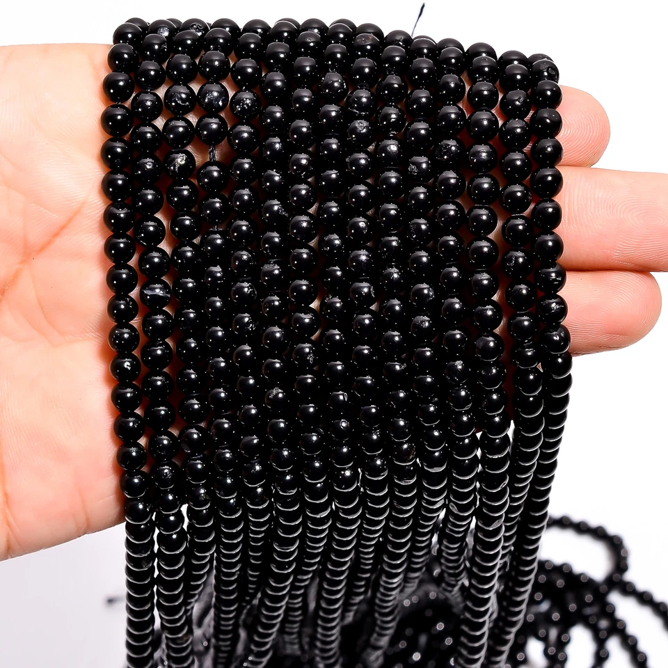 Cuentas lisas redondas de piedras preciosas de turmalina negra natural 4x4,5 mm hilo 15" EB626 Foto 3 de 3