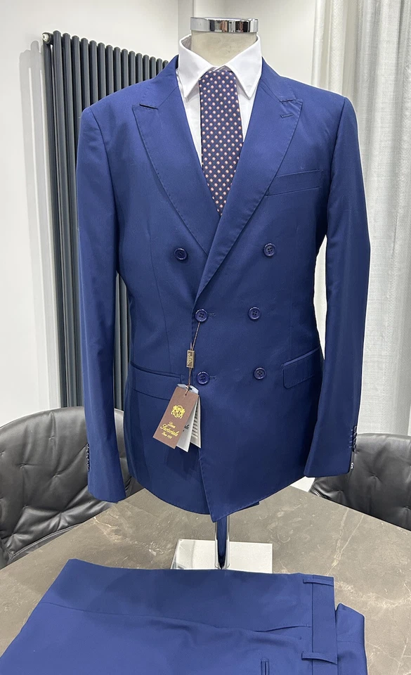 Traje de hombre a medida de doble botonadura azul lana caída 7 46 48 50 52 54 56 58 A/I Foto 4 de 4