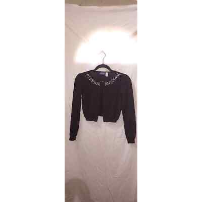 Kids Black Long Sleeve Cardigan Sweater with Rhinestone Neck Accent  Size 14