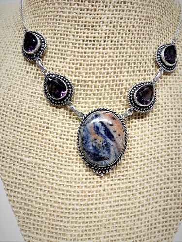 Collana Sodalite Ametista Gemma Etnica Fatta a Mano Gioielli 34 Gms - Foto 2 di 6