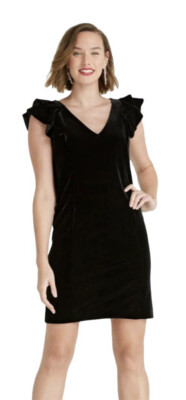 Draper James Sz 12 Black Velvet Ruffle Shoulder Shift Dress