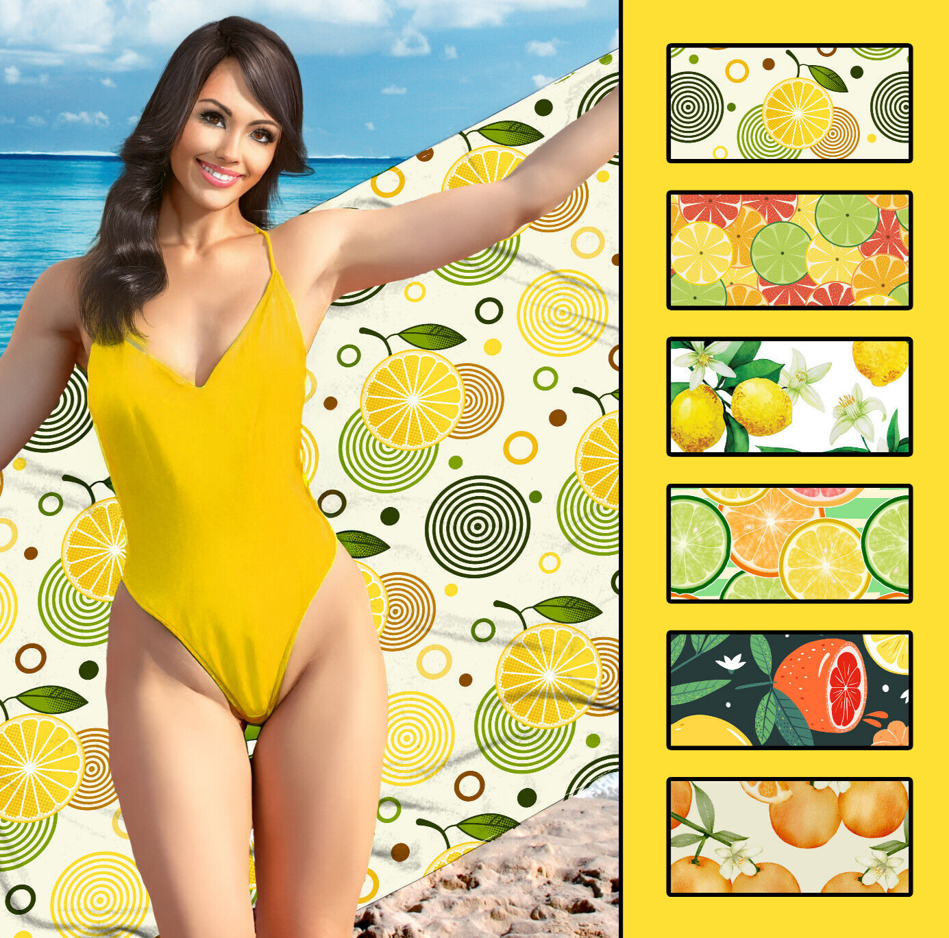 Bright Citrus Fruit Beach Towel with Lemon Lime Orange Design