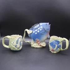 Takahashi Angel Fish Teapot w/ 2 Cups/Mugs Hand Painted San Francisco Japan 7"