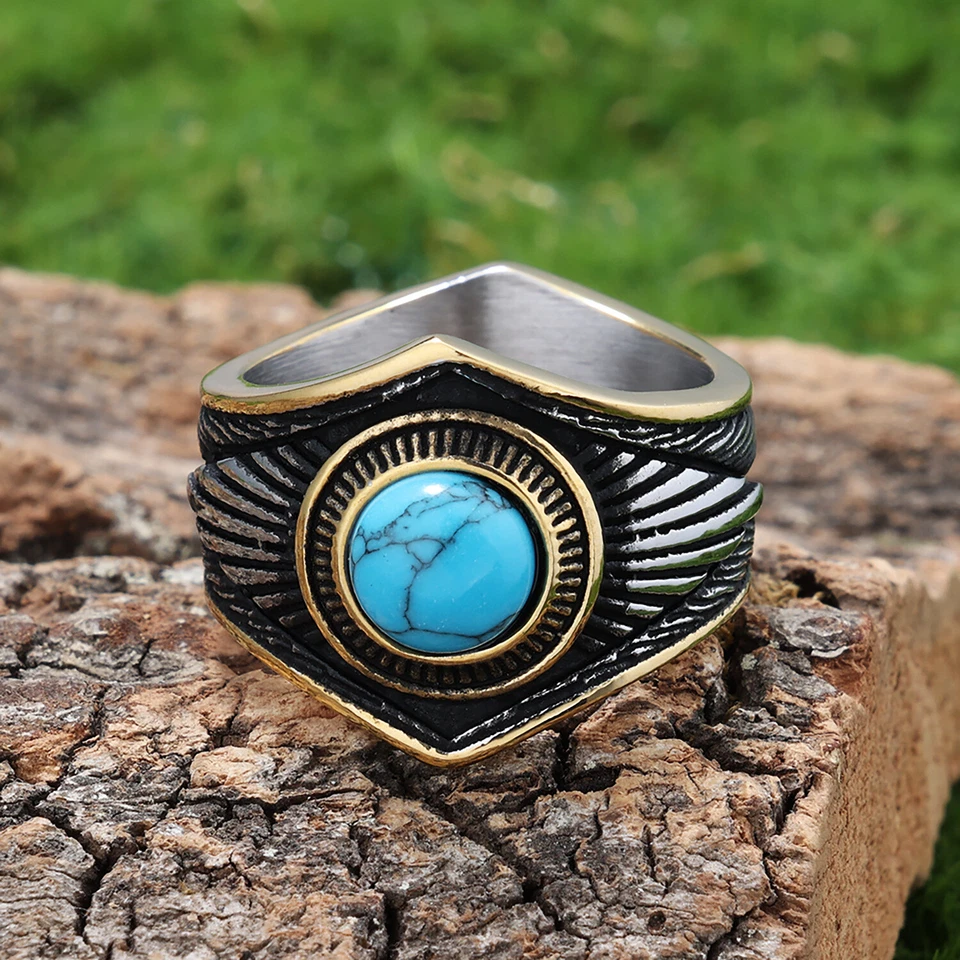Anillo Irregular Para Hombre Bandas Acero Inoxidable Vintage Azul Turquesa Ajuste Cómodo Foto 2 de 4