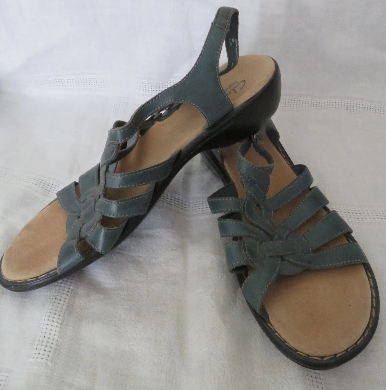 Sandali donna CLARKS pieghevoli in pelle blu stile pescatore taglia 10 M