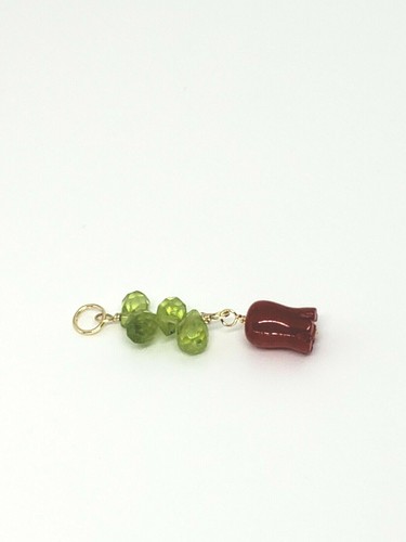 14k Yellow Gold Carved Red Coral Flower and Peridot Briolettes Pendant - Picture 5 of 5