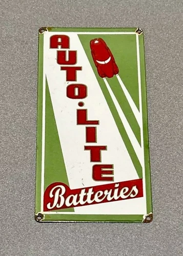 VINTAGE 12” AUTO LITE BATTERIES PORCELAIN SIGN GAS OIL CAR TRUCK MOTORCYCLE