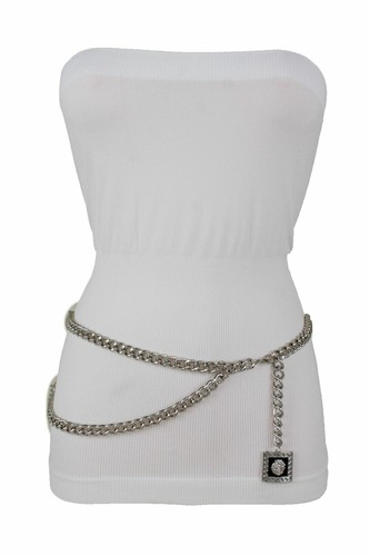 Women Fashion Belt Hip High Waist Silver Metal Chain Square Lion Buckle M L XL - Picture 4 of 12
