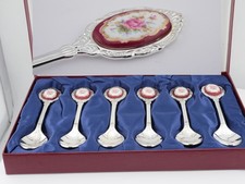 Set of 6 Mint in Box Unused Porcelain Flower Handled Tea Spoons