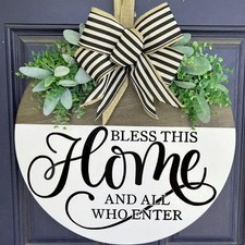 Welcome Sign for Front Door Decor, Rustic Wood Wreaths with Greenery  Bow, B...