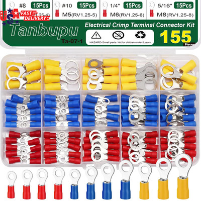 155Pcs Insulated Ring Terminals 11-Sizes(M4/M5/M6/M8/M10) 22-16/16-14/12-11AWG O