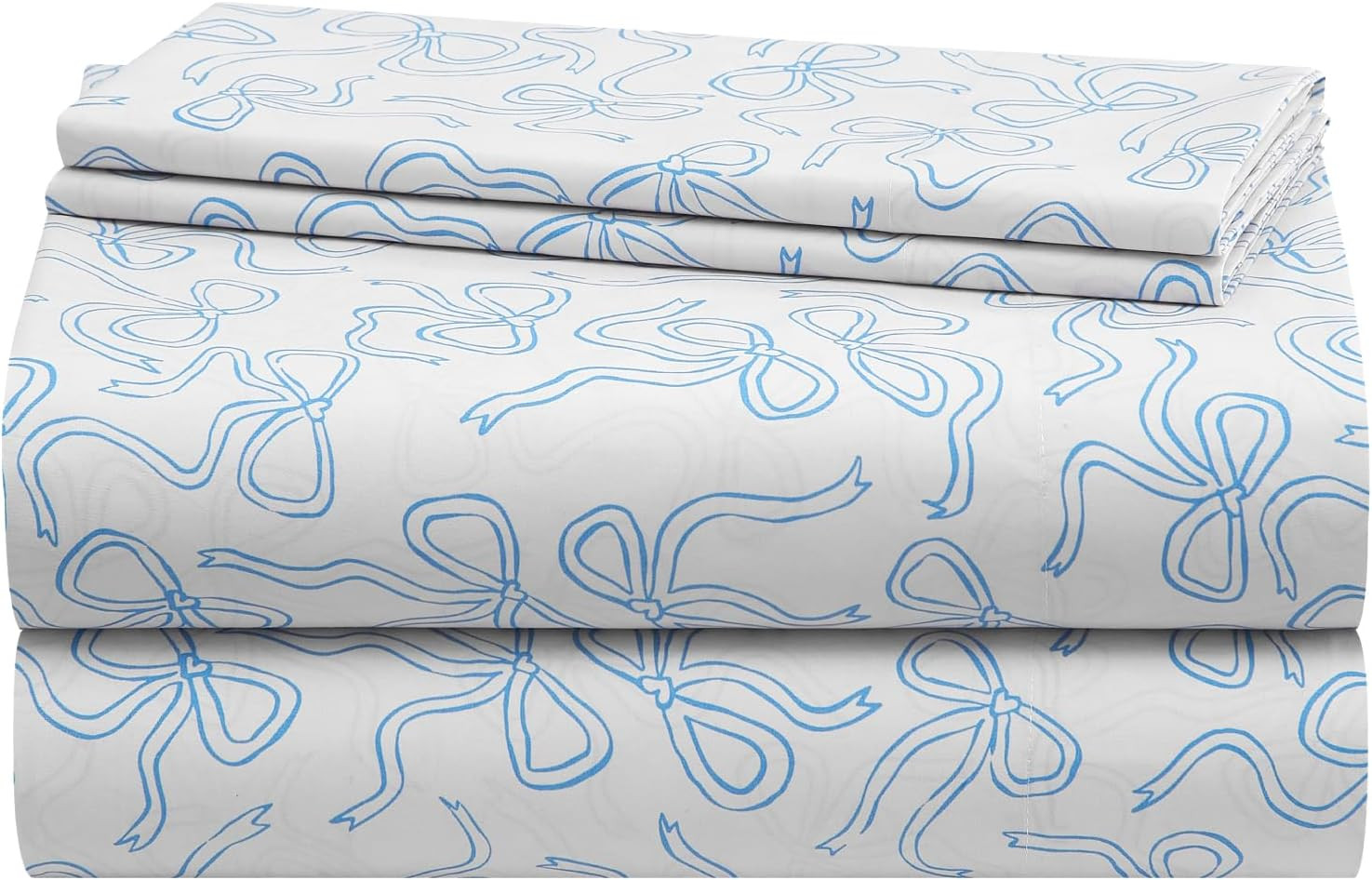 как выглядит 4-Piece Full Sheet Set,Coquette Bow Design in Baby Blue, Includes Fitted Sheet, фото
