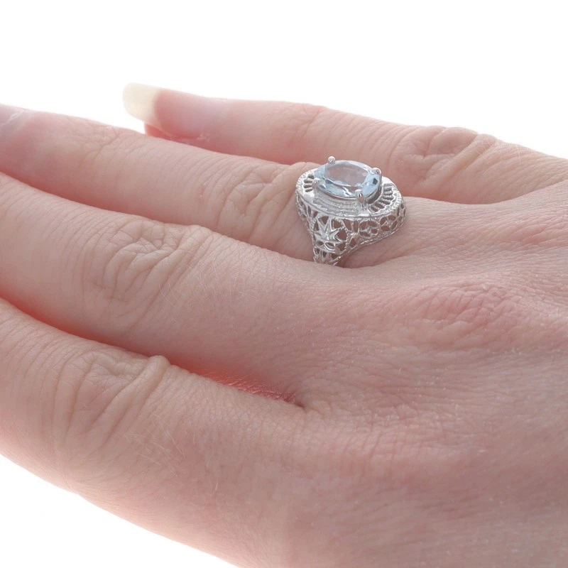 White Gold Aquamarine Cocktail Solitaire Ring -10k Oval 1.20ct Milgrain Filigree - Image 4 of 4