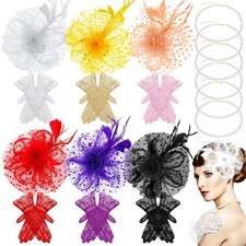 18 Pcs Tea Party Fascinator Hats Lace Gloves Set, Vintage Derby Wedding Access
