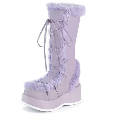 DEMONIA CUBBY-311 Women's Lavender Platform Lace Up Fur Trim Mid Calf Boots