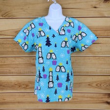 Serene Scrubs Top Womens Size XL Blue Christmas Penguins Pattern 100 Polyester
