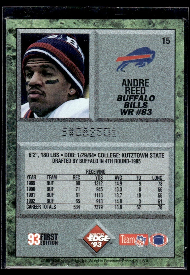 1993 Collector's Edge Andre Reed Buffalo Bills #15 - Image 2 of 2