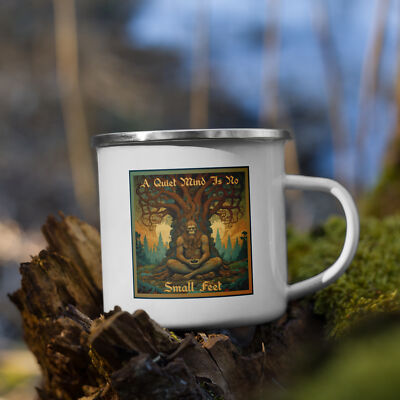 Sasquatch Meditating Enamel Mug Bigfoot Enlightenment PNW Mindfulness