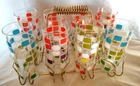 VTG. MCM 1960s "ATOMIC GEOMETRIC BLOCKS"  16oz Tumblers, set of 8 w/ WIRE CADDY