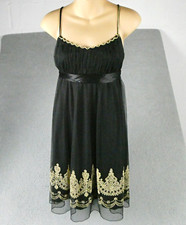 Windsor Vtg Y2K Babydoll Black Dress Large Whimsigoth Fairy Gold Beaded Back Tie
