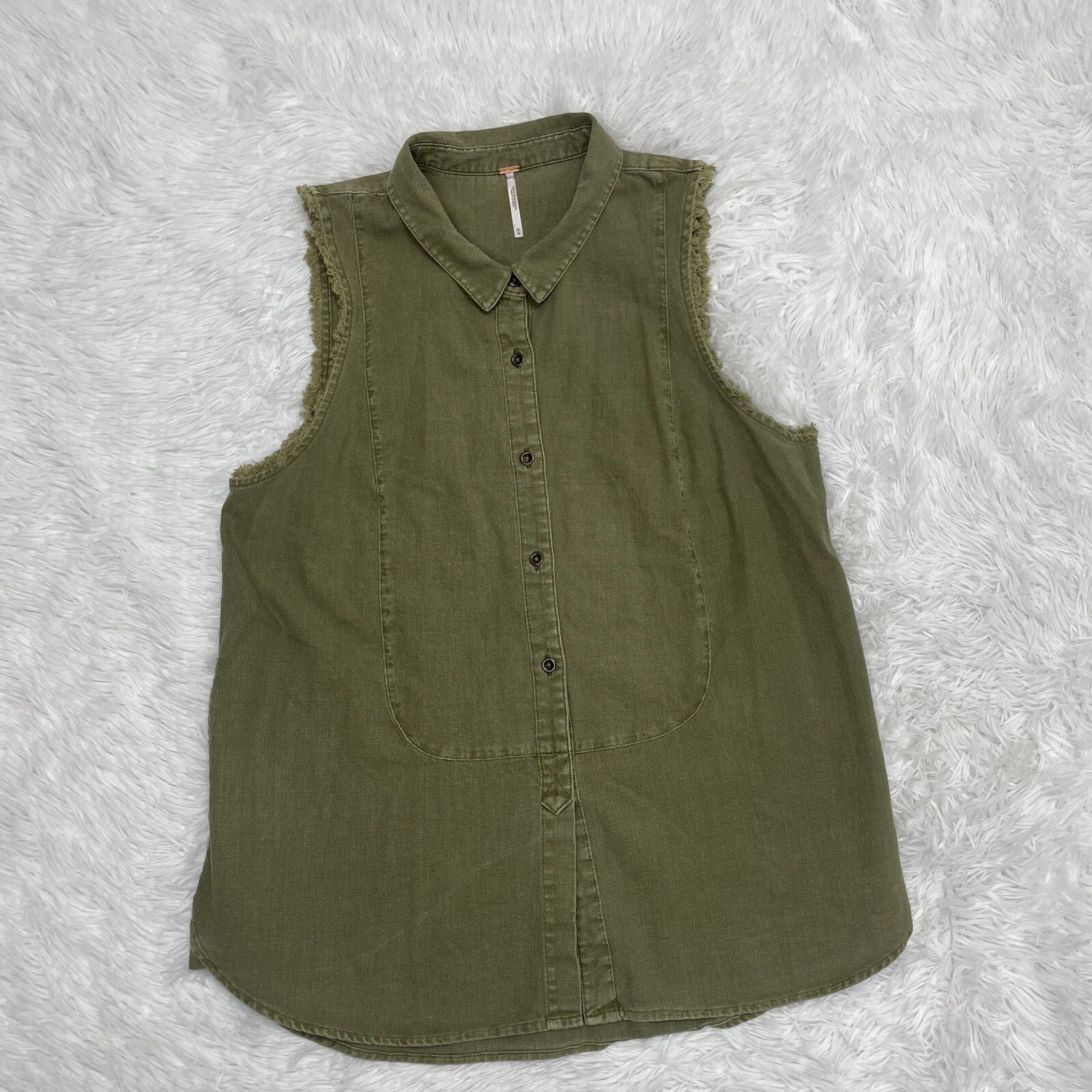 Free People Sleeveless Linen Blend Button Up Shirt Womens Medium Pockets Green