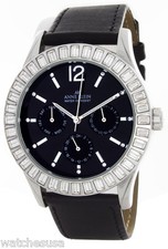 Anne Klein Women's Crystal on Bezels Black Dial Leather Quartz Watch 10/9317