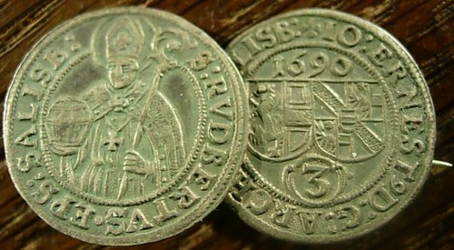 AUSTRIA Salzburg Two 3 Kreuzer coins 1681 and 1690 made into a pin brooch