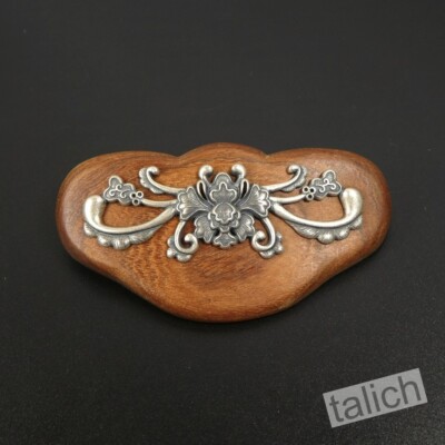 Antiqued Sterling Silver Flower Brown Sandalwood Hair Barrette Zen Boho Unique