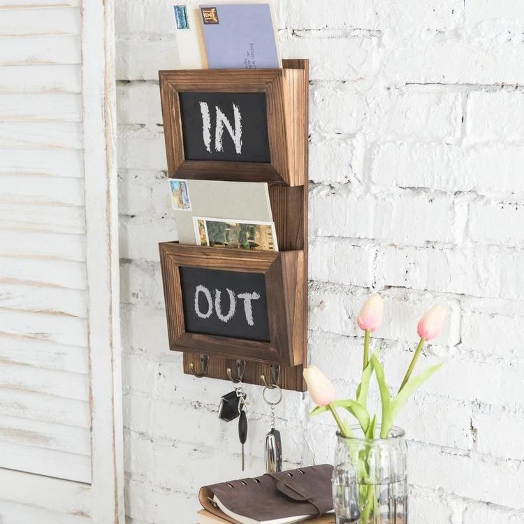 Brown Wood Wall Mounted Key & Mail Organizer with 2 Slots, Chalkboard & 3 Hooks - Image 3 of 4