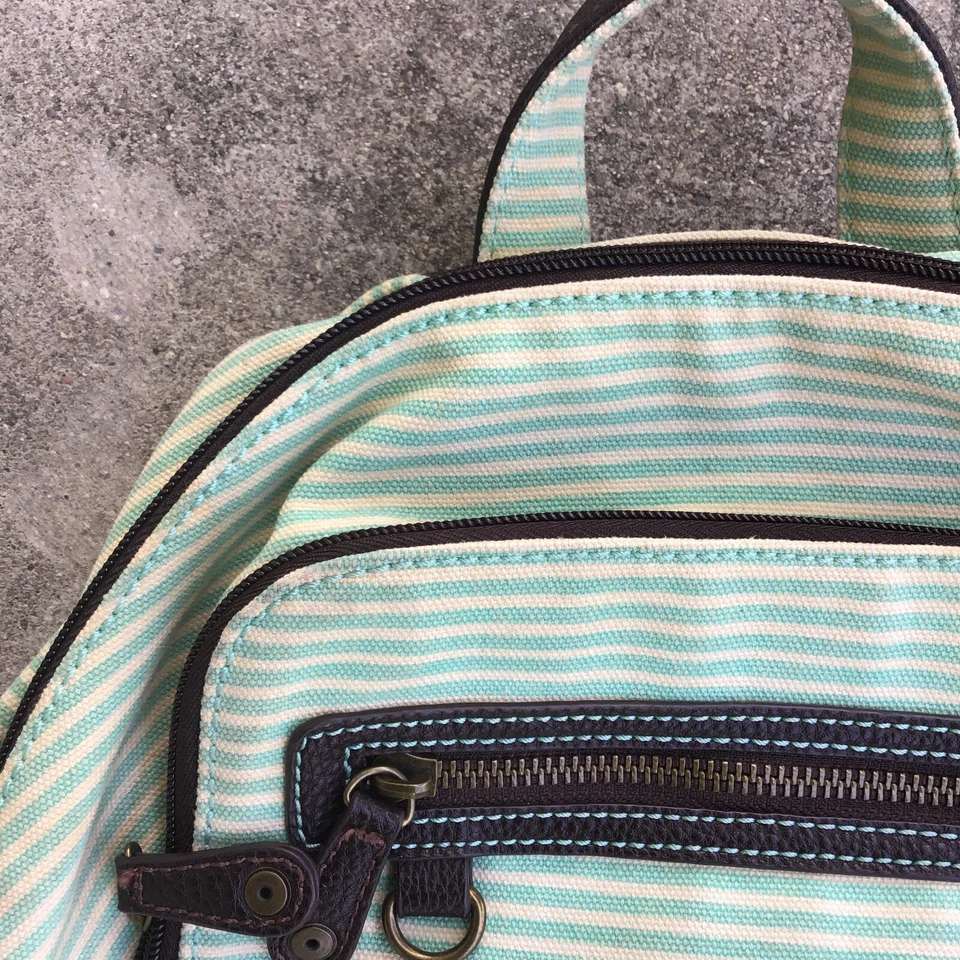 Chala Sea Turtle Convertable Backpack Purse Green Stripe Canvas Leather STAINED - Image 2 of 4