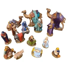 Hand Painted Nativity Ceramic Christmas Baby Jesus Manger 15 pc UNIQUE VTG 1977